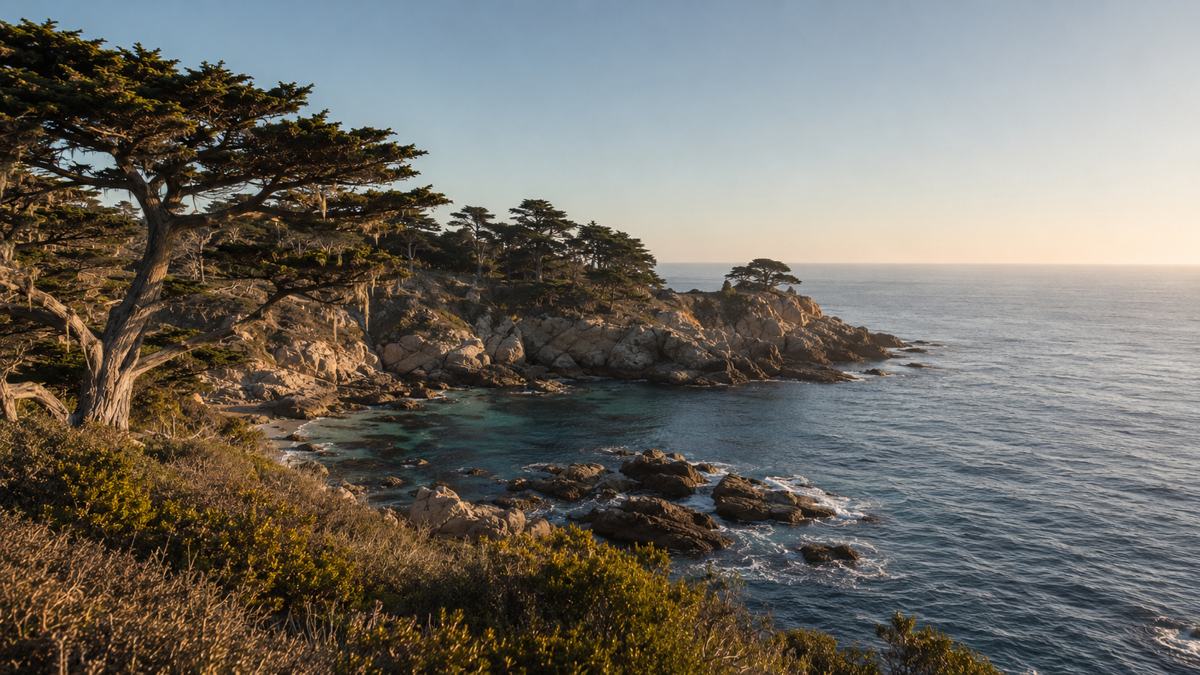 Cypress trees over a turquoise cove on the Monterey Peninsula coastline at golden hour